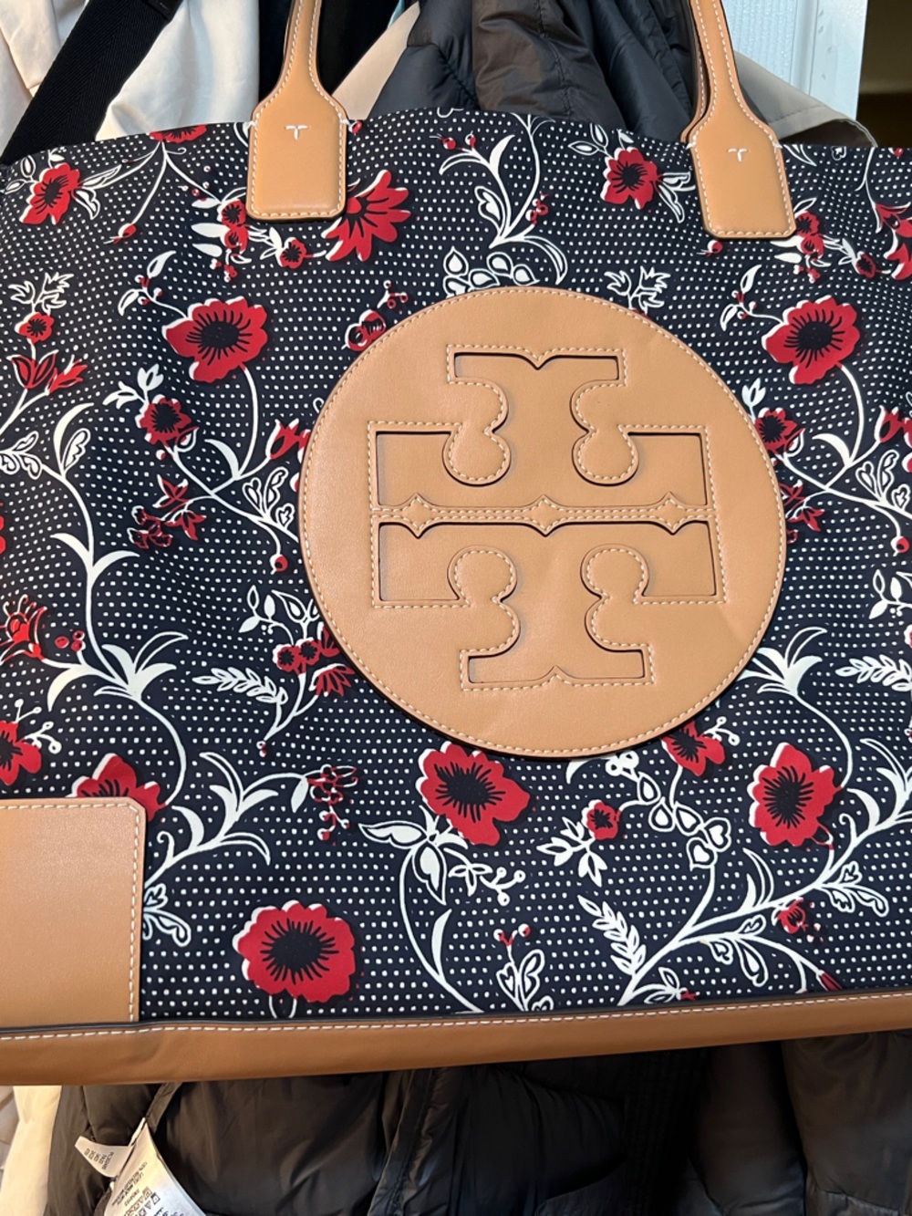 Tory Burch Black Floral Canvas Tote with Red Flowers and Tan Trim